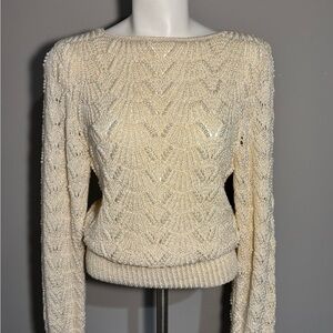 Kashiwa Women's Size Small Elegant Cream Sweater with Pearl Embellishments
